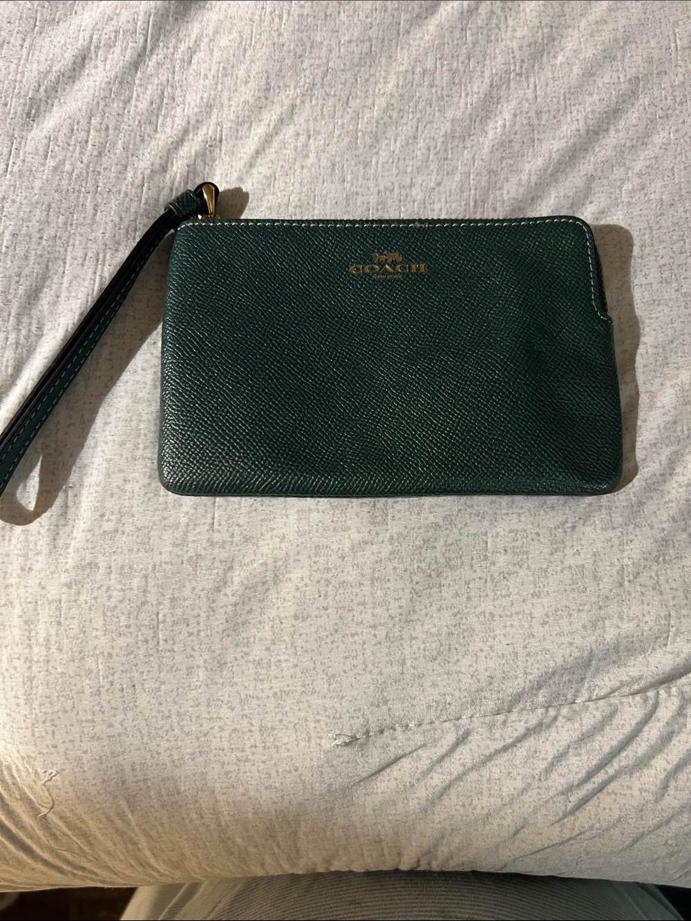 Coach Dark Green Leather Wristlet with Gold Logo